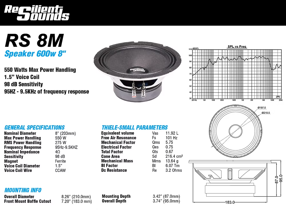 Resilient Sounds RS 8M 275w RMS 4ohm 8" speaker