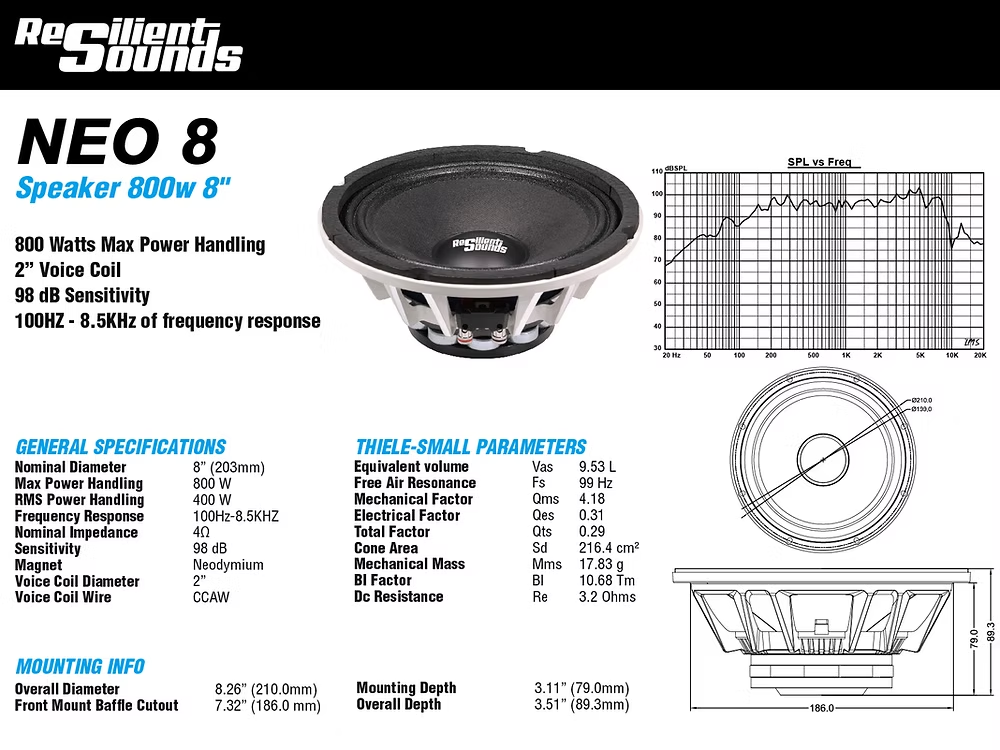 Resilient Sounds RS NEO 8 400w RMS 4ohm 8" speaker
